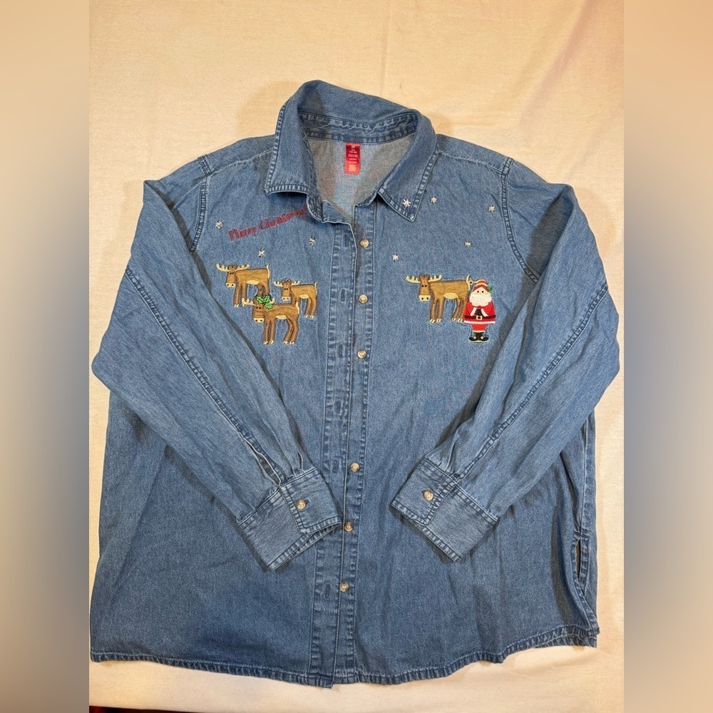 Vintage Embroidered Denim Christmas Shirt with Santa and Reindeer